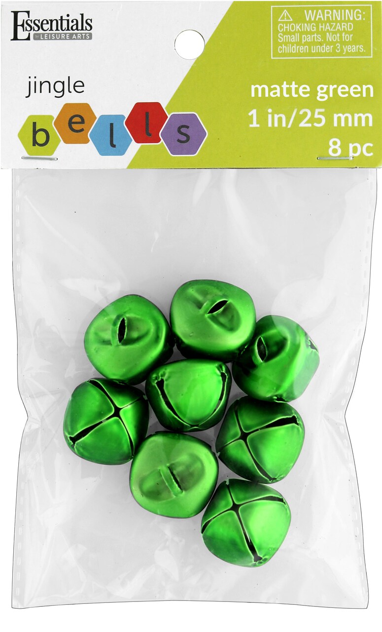 Essentials By Leisure Arts Jingle Bells 25mm Matte Green 8pc - 1in Craft Bells for Holiday Decorations, Jewelry, Ornaments, Costumes, Cards, and DIY Projects